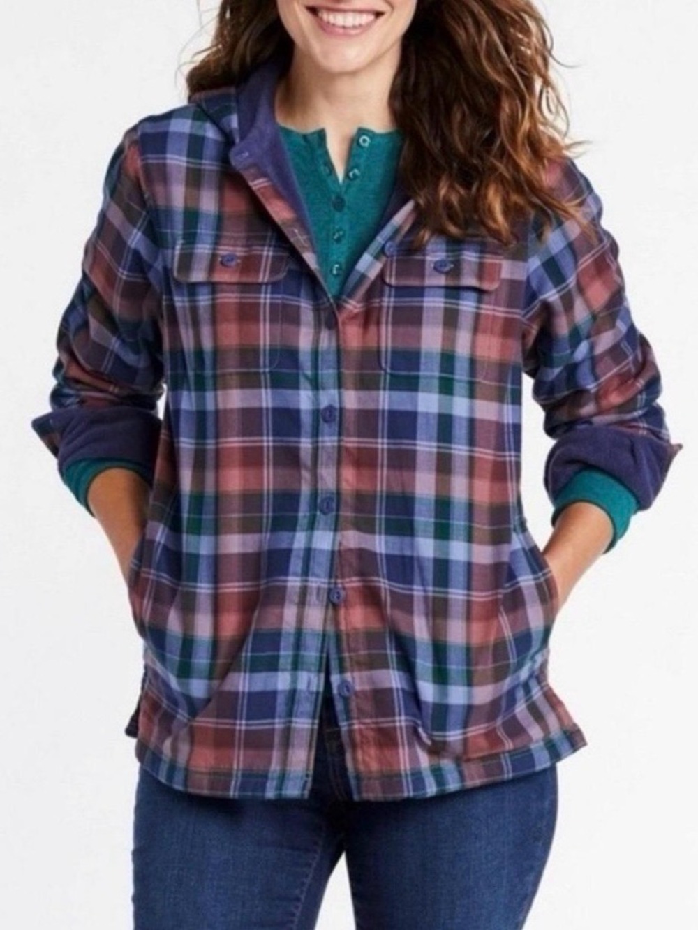 L.L.Bean Petite Medium Fleece Lined Plaid Flannel Snap Front Shirt Jacket Cabin